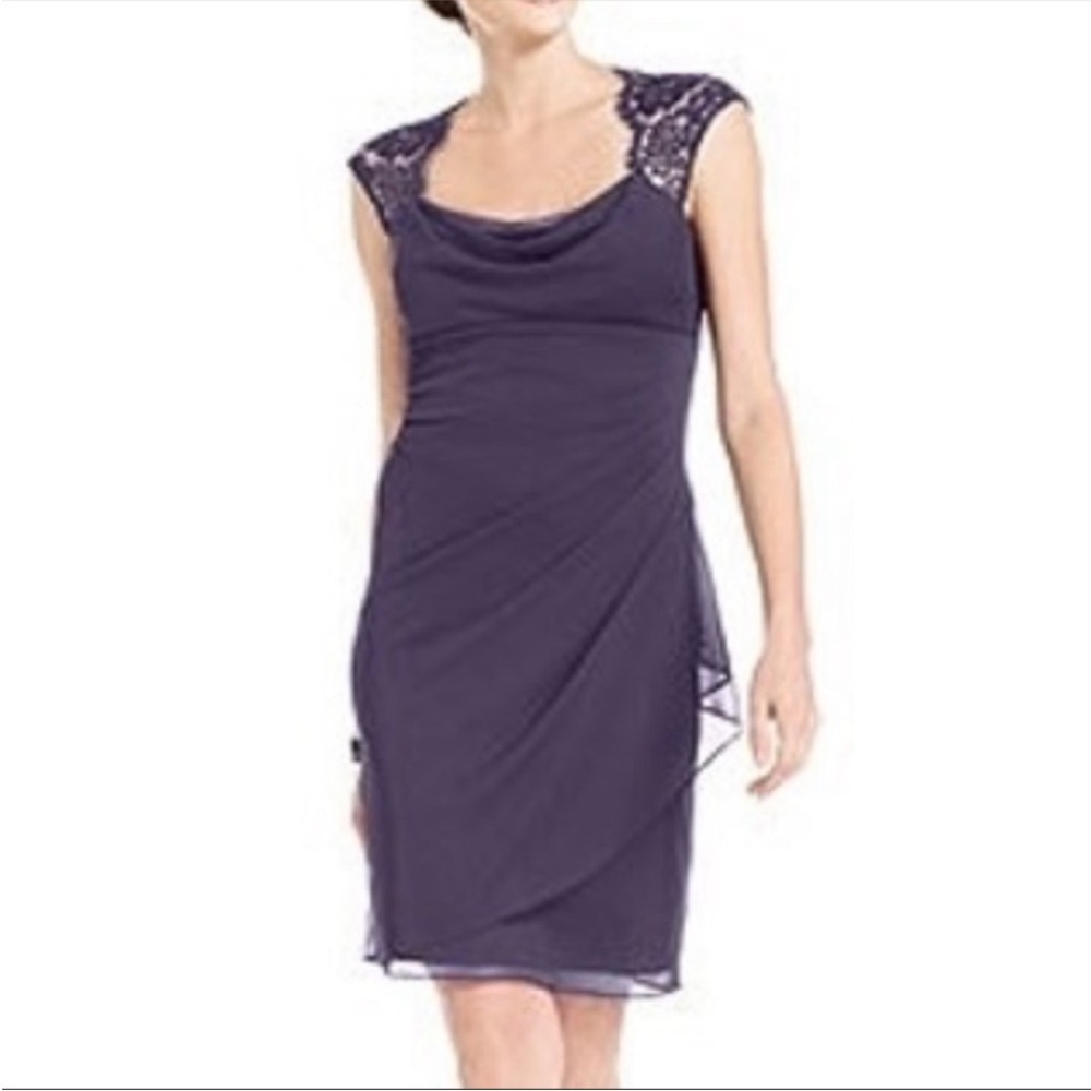 Xscape Ruched Dress Purple Size 10 lace cap sleeve fully lined drape chest - Picture 5 of 12